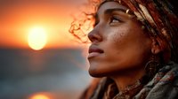 Young African woman with freckles and headscarf gazing upward during golden sunset, warm orange light illuminating her profile against ocean backdrop.