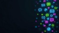 Digital communication icons floating on dark background with glowing neon colors for technology and social media designs.