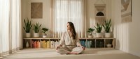 Young woman practicing meditation in modern minimalist living room with plants and books creating peaceful zen atmosphere for mindfulness and wellness.