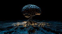 Glowing digital brain with neural network connections spreading across dark surface, illuminated pathways extending into distance on black background. For AI technology concepts.