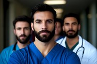 Confident male medical professionals in hospital corridor. Middle Eastern healthcare workers wearing scrubs and white coats with stethoscopes stand together.