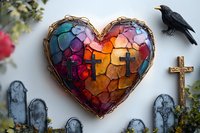 Stained glass heart with crosses against cemetery background, decorated with wire frame and gothic elements, illuminated by warm light creating mystical atmosphere.