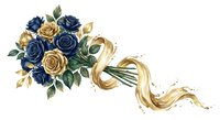 Elegant navy blue and gold roses bouquet with flowing golden ribbon on white background isolated for wedding invitations and romantic designs.