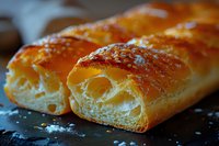 Fresh baked golden croissants with flaky layered texture, crispy crust sprinkled with sea salt, close-up view showing delicate honeycomb interior structure.