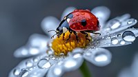 Red ladybug with water drops on white daisy petals in macro photography, morning dew creates magical bokeh effect on dark background, nature wildlife close-up.