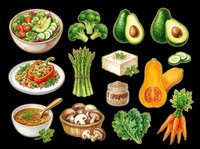 Healthy vegetables and salad ingredients isolated on transparent background, ready for culinary design, recipe graphics, menu illustrations, t-shirt designs, and print-on-demand products.