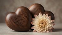 Wooden heart-shaped decorations with Happy Mother's Day engraving and fresh dahlia flower on neutral background for greeting cards and gifts.