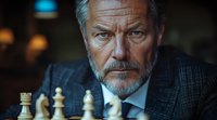 Mature Caucasian businessman with gray beard contemplating chess strategy, intense focused gaze across chessboard in dark atmospheric setting with dramatic lighting.