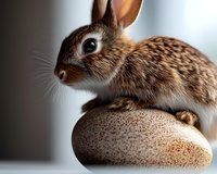 Young brown rabbit with spotted fur sitting on smooth decorative stone against blurred background, close-up portrait showing detailed texture of fur and whiskers.