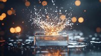 Dramatic splash of liquid bursting from transparent glass cube on dark reflective surface with golden bokeh lights and water droplets creating magical atmosphere.