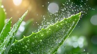 Fresh aloe vera leaf with morning dew drops and water splashes in sunlight against blurred natural green background, macro photography.
