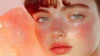 Close up portrait of young woman with freckles, glowing coral pink skin, green eyes and natural makeup against soft peach background. Dreamy beauty concept.