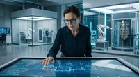 Male engineer with dark hair and glasses wearing navy shirt interacting with digital blueprint on interactive touchscreen display in modern laboratory or tech facility environment.
