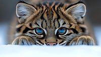 Intense close-up of wild cat face with striking bright blue eyes peering over white surface, showing detailed fur pattern and focused predatory gaze.
