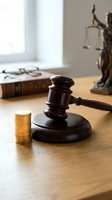 Wooden judge gavel with golden coins on desk in law office with Lady Justice statue and legal books for financial litigation and legal fees concept.