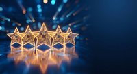 Five golden stars in row with sparkling lights and reflections on dark blue background for rating, review, quality assessment and customer feedback concepts.
