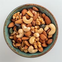 Mixed nuts including cashews, almonds, and walnuts in rustic turquoise ceramic bowl. Healthy raw snack food rich in protein and healthy fats. Top view composition.