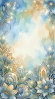 Watercolor floral border with gold ornamental details, blue and beige tones, glowing sparkles, and copy space for greeting cards or invitations.