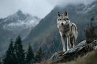 Gray wolf standing on rocky ledge against dramatic mountain backdrop with snow-capped peaks and foggy atmosphere.