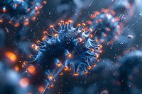 Microscopic view of virus cell with glowing orange spikes floating in dark blue environment with bokeh light effects and particles. Scientific medical visualization.