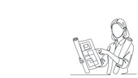 Professional female architect reviewing construction blueprints and floor plans at desk. Continuous line drawing style for engineering and design projects.