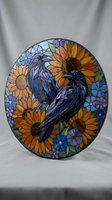 Stained glass mosaic panel featuring two ravens among sunflowers and wildflowers in vibrant blue, orange, and purple tones.