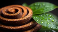 Fresh cinnamon roll spiral with water drops on green leaves against dark background, macro food photography with selective focus.