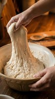 Hands kneading fresh bread dough in wooden bowl on rustic kitchen counter, homemade baking process in warm traditional cooking environment.
