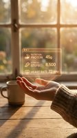 Hand holding holographic health metrics display showing protein intake, daily steps, and heart rate monitoring near window with autumn background.