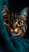 Close-up portrait of tabby cat with bright amber eyes peering through turquoise fabric, dramatic lighting creates mysterious mood against dark background.