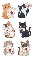 Adorable cartoon cats holding love letters with wax seals, cute kitten messengers delivering romantic mail for Valentine's Day greeting cards and stickers.