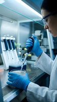Laboratory technician in white coat and protective eyeglasses pipetting liquid sample into test tube in modern research facility with equipment in background.