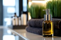 Luxury spa composition with golden oil in glass dispenser bottle, dark towels and decorative grass on marble counter. Wellness and aromatherapy concept.