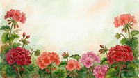Watercolor geranium flowers in red, pink, and coral tones framing a soft green background with copy space for text or design.
