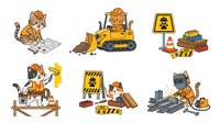 Cartoon cat characters engaged in various construction and labor activities, wearing hard hats and operating heavy machinery. Isolated clipart set ready for design projects, educational materials, and children's content applications.