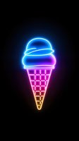 Vibrant neon ice cream cone glowing in electric blue, purple and pink colors against black background for summer dessert and food service designs.