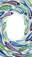 Watercolor fish swimming in circular motion creating frame with white center space for text or design elements on isolated background.