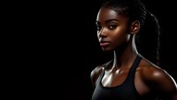 Young African American female athlete in black sportswear on dark background, strong confident pose with dramatic side lighting highlighting facial features and skin tone.