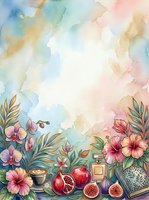 Watercolor floral border with hibiscus, orchids, pomegranate, figs, coffee cup, and perfume bottle on soft pastel background with copy space.