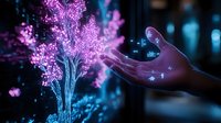 Magical glowing pink tree with ethereal butterflies floating above outstretched hand against dark blue background creates mystical forest atmosphere.