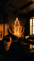 Glowing human hologram floating above open palm in dark vintage room with warm lighting for supernatural and technology concepts.