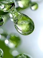 Sparkling water drop with tiny bubbles in green tones, macro photography showing crystal clear liquid surface with bokeh effect in background.