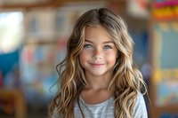 Portrait of cheerful young girl with long wavy blonde hair and blue eyes smiling at camera. Natural beauty and genuine happiness perfect for childhood, education, or lifestyle design.