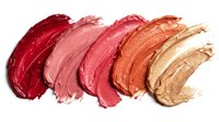 Colorful lipstick smears in red pink coral and nude tones arranged in gradient row on white background for cosmetic beauty makeup advertising.