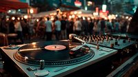 Professional DJ turntable setup at vibrant nightclub with vinyl record spinning, warm bokeh lights and crowd dancing in background for music events.