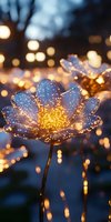 Glowing flower garden light with sparkling petals against blurred bokeh background creates magical evening atmosphere for outdoor decoration and events.