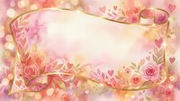 Young woman with fair skin and long blonde hair, wearing a pink floral dress, smiling warmly while holding a bouquet of roses in soft pink and coral tones, surrounded by bokeh lights and heart shapes, perfect for Valentine's Day, wedding, or romantic greeting card designs.
