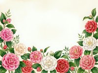 Watercolor camellia floral border frame with pink, red and white blooms on cream background, copy space for text or greeting card design.