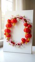 Red paper lanterns and cherry blossoms form circular wreath on white canvas for Chinese New Year celebration and spring festival decoration.