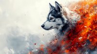 Mystical wolf portrait emerging from fiery orange smoke and sparks against light background, artistic fantasy composition showing wild nature spirit.